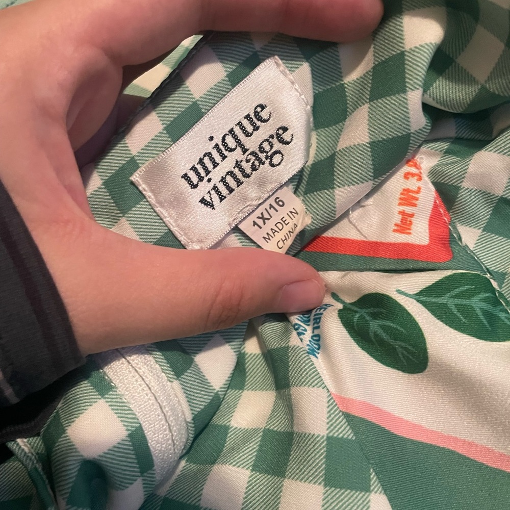 Unique Vintage Green Gingham Halter Romper with Fruit Print Trim - Picture 3 of 6